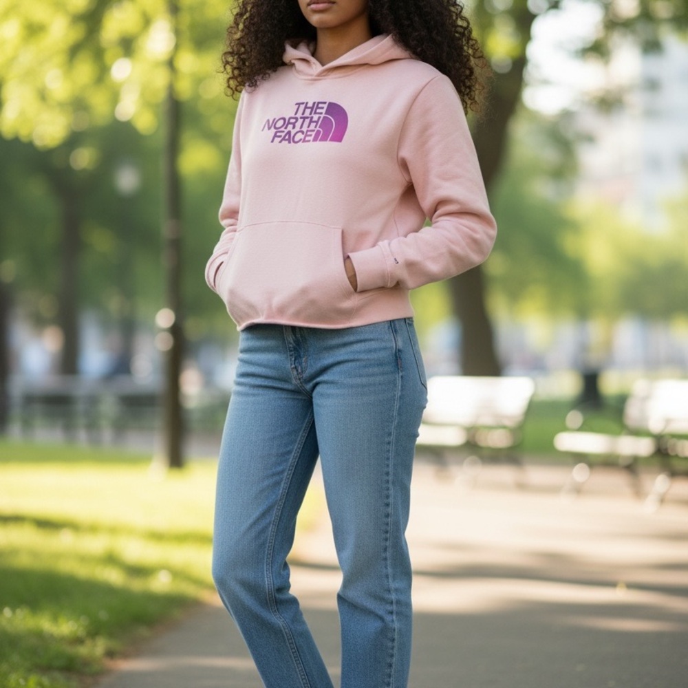 The North Face Girl’s Blush Pink Cropped Hoodie with Magenta Logo